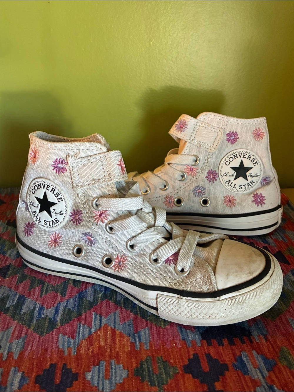 Converse Kids White High-Top Sneakers with Pink & Purple Flower Accents-Velcro